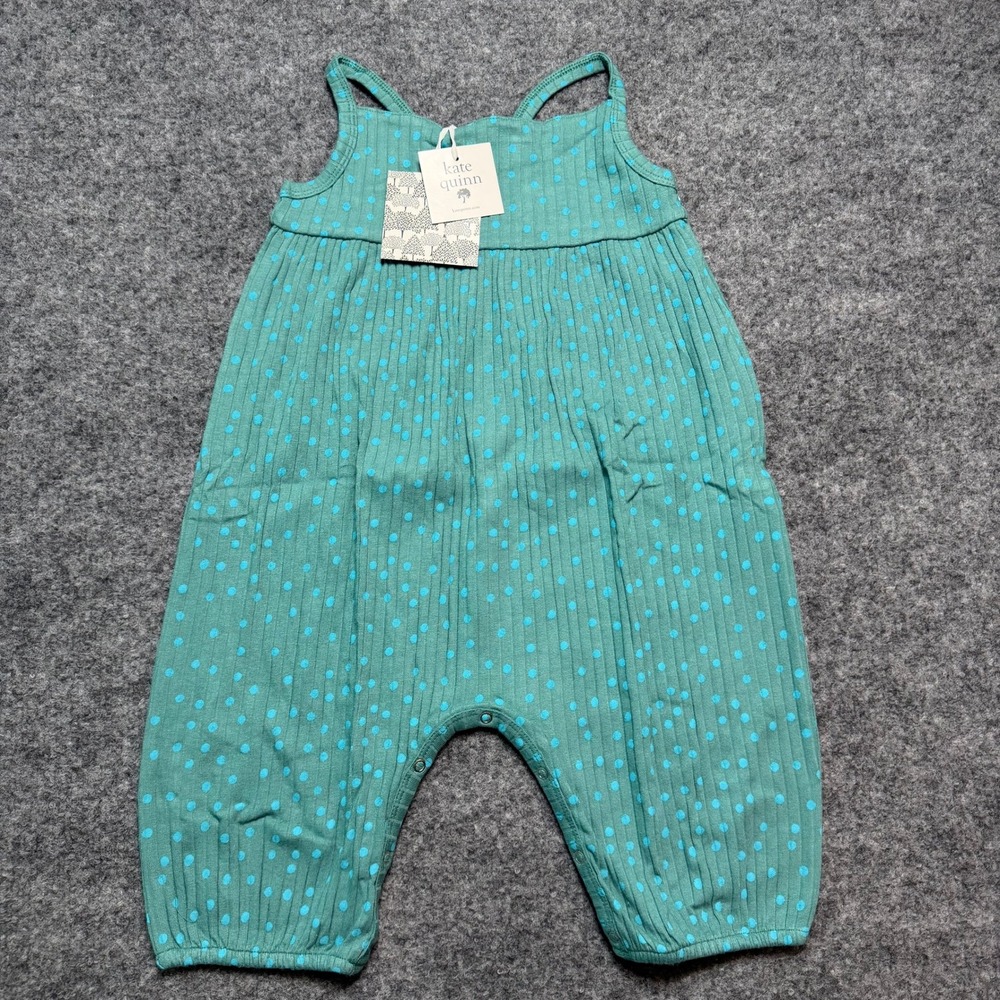 KATE QUINN Turquoise Dot Skinny Strap Jumpsuit Organic Cotton Rib 18-24 Months